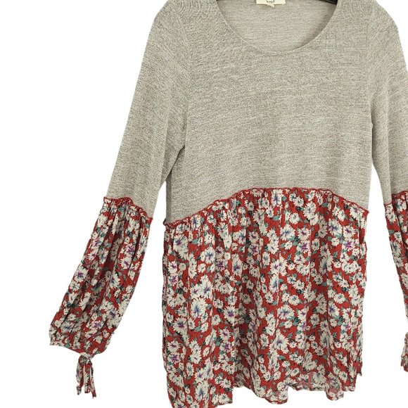 Easel Long Sleeve Knit Floral Tunic Top Womens Size Small Tie Sleeves Gray Red - Picture 5 of 13
